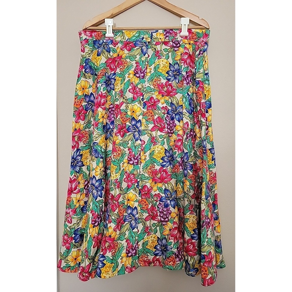 Vtg Talbots Linen Midi Skirt Sz 14 Button Front Hawaiian Floral 90s Art Teacher